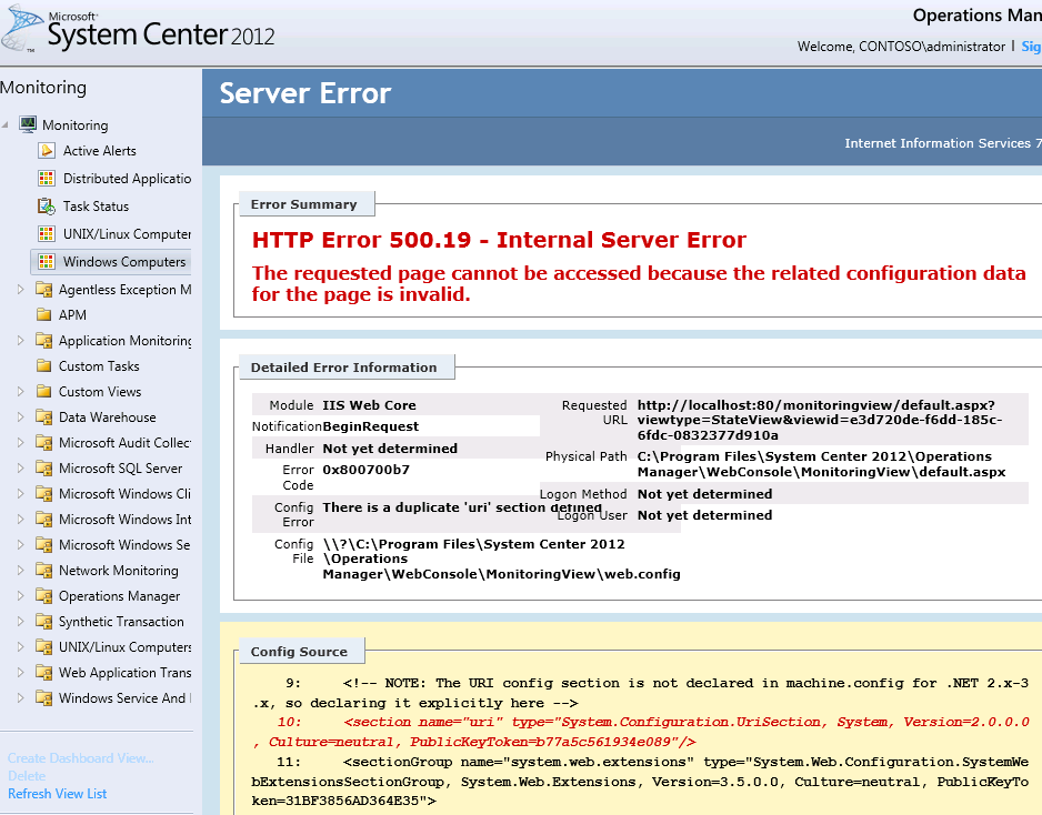 SCOM 2012 Web Console HTTP Error 500.19 TopQore Blog