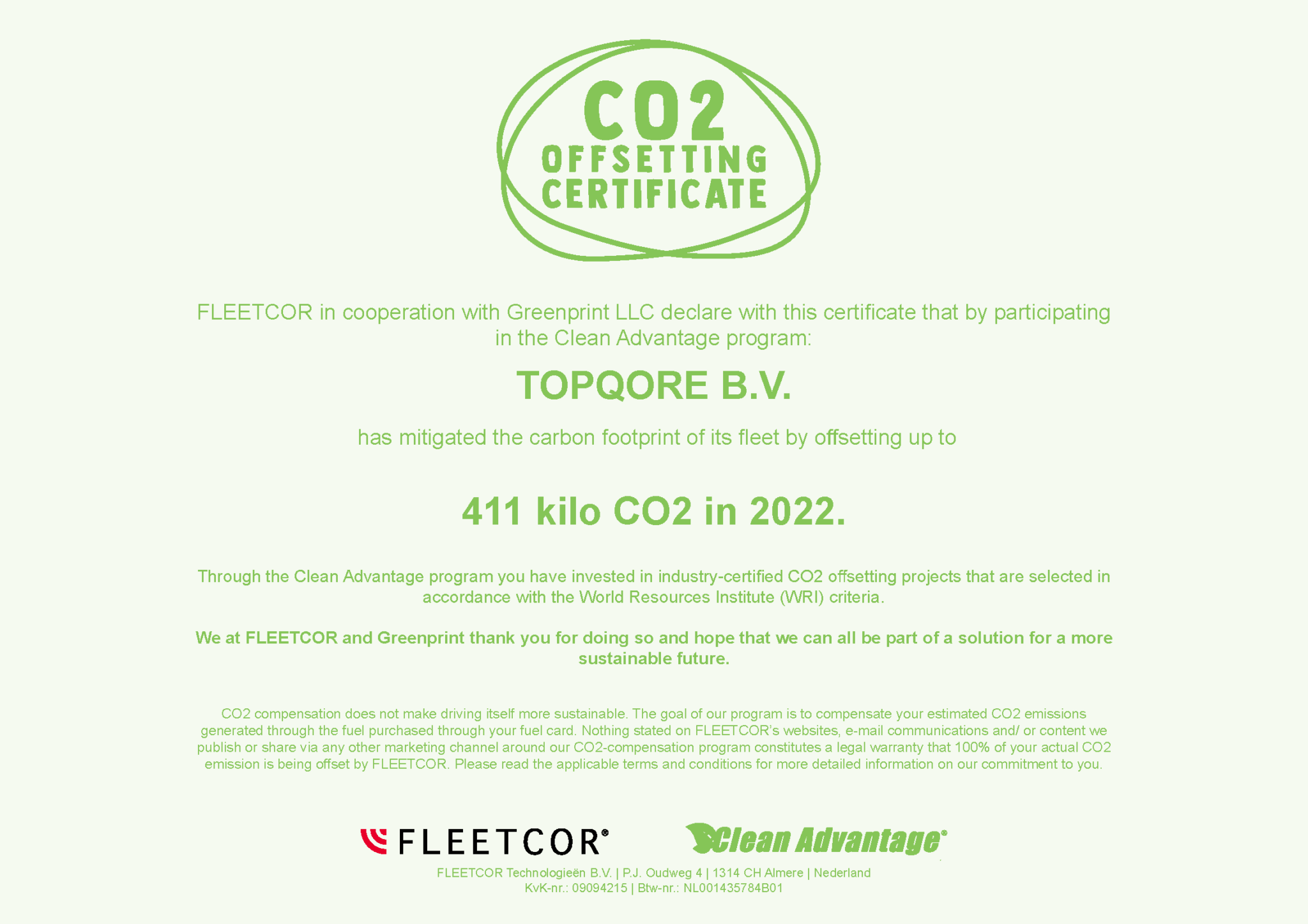 CO2 Offsetting Certificate - TopQore